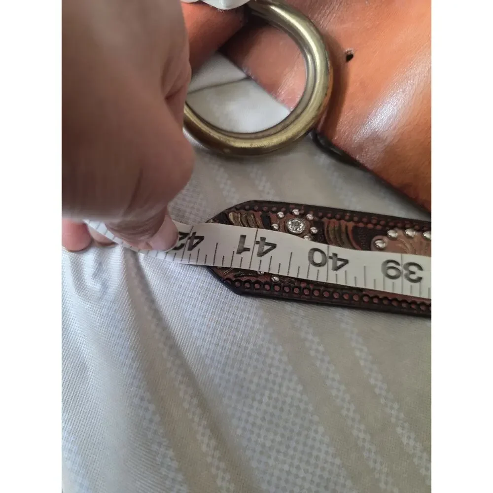 Nocona Tooled Leather Belt & Floral Buckle Leather Bling Size M Western